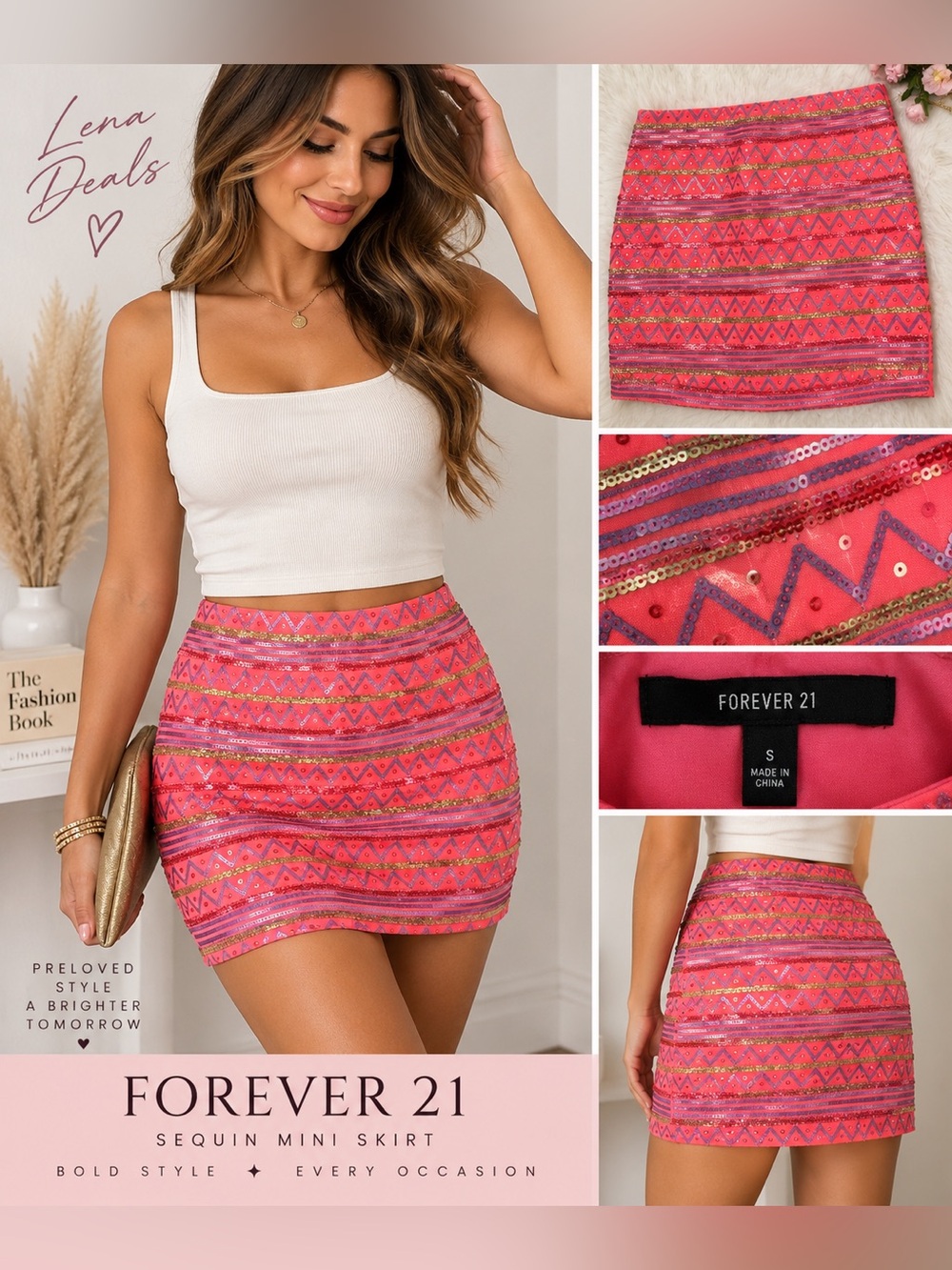 Forever 21 Pink Sequin Mini Skirt Geometric Pattern Y2K Size Small